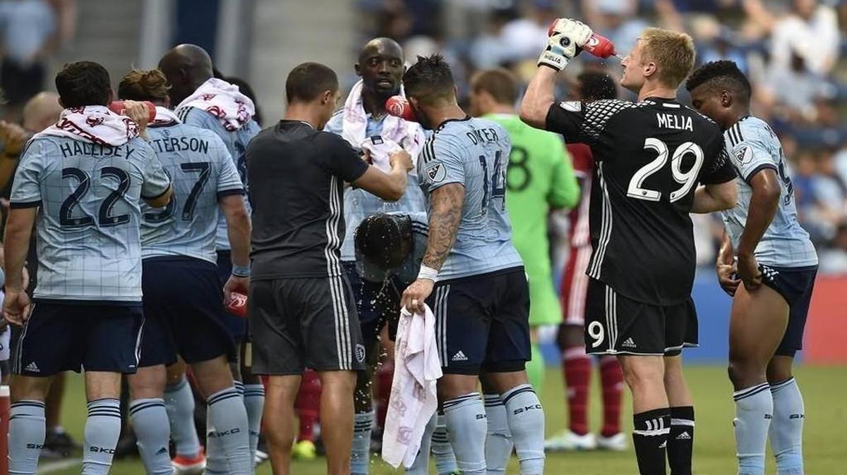 Kansas City is the 10th sweatiest city in the country, according to one survey. Members of Sporting Kansas City, seen here taking a water break during a June 19 game, know how hot it gets here.