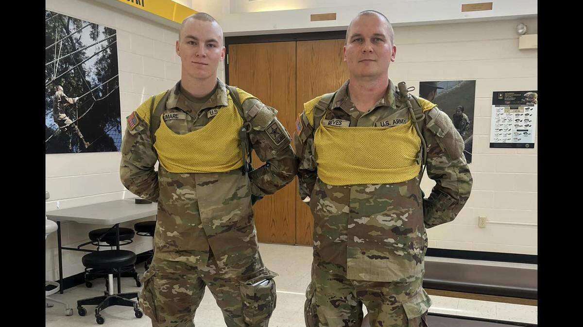 Pfc. Brayden Sumare and his biological father Pfc. William Reeves met for the second time ever at Fort Leonard Wood’s 43rd Adjutant General Battalion.