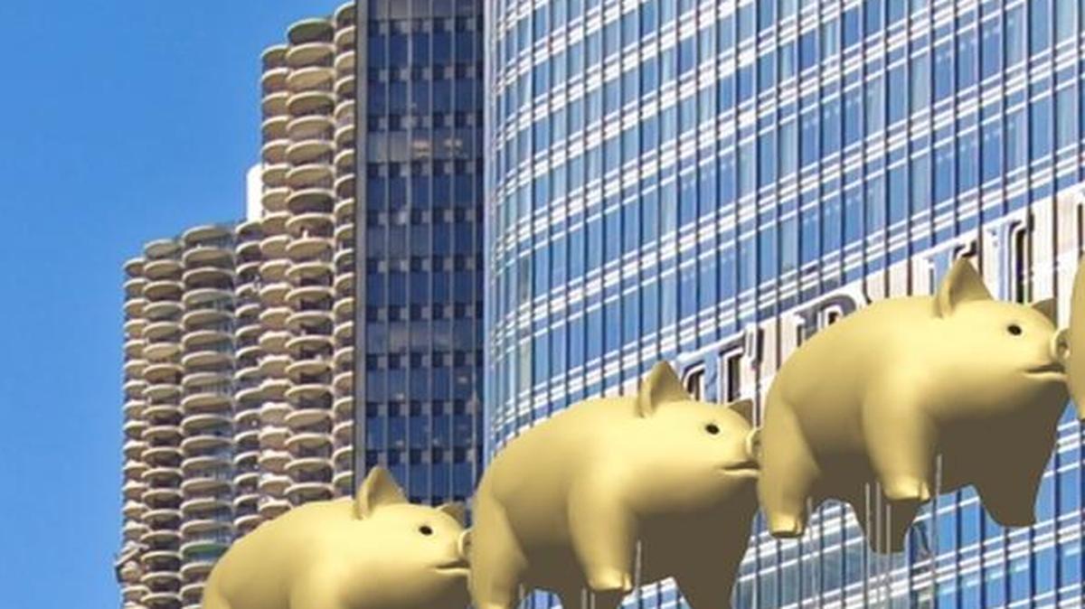 A Chicago architect has come up with a plan to “hide” the giant Trump logo on a building in the Windy City by floating four giant golden pig balloons in front of it.