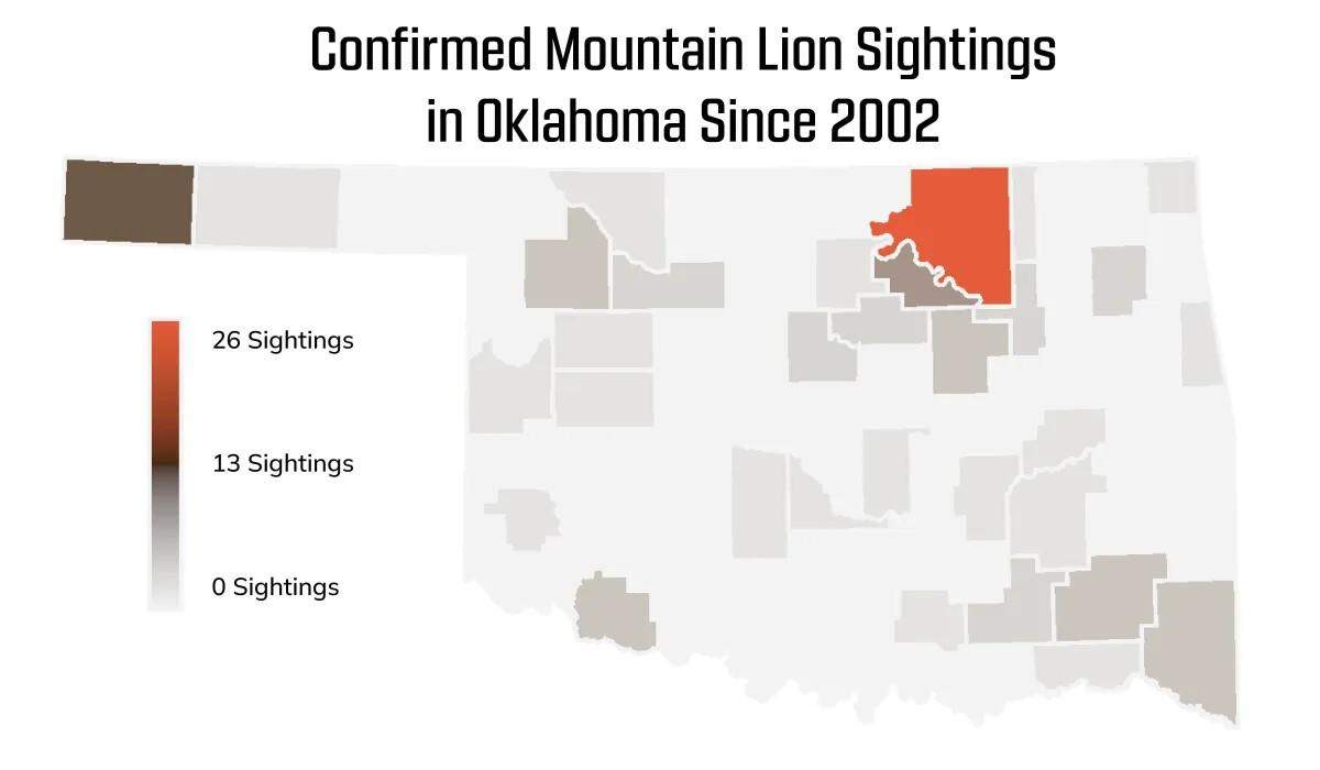 The first sighting was captured in Osage County, the red county, and the second was in Cimarron County, the dark gray county at the far west of the state.
