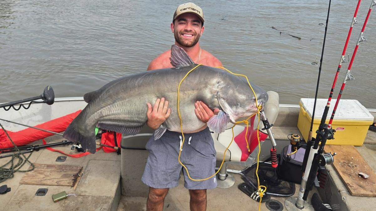 A man fishing on the Missouri River caught an 86.8-pound blue catfish, officials say.