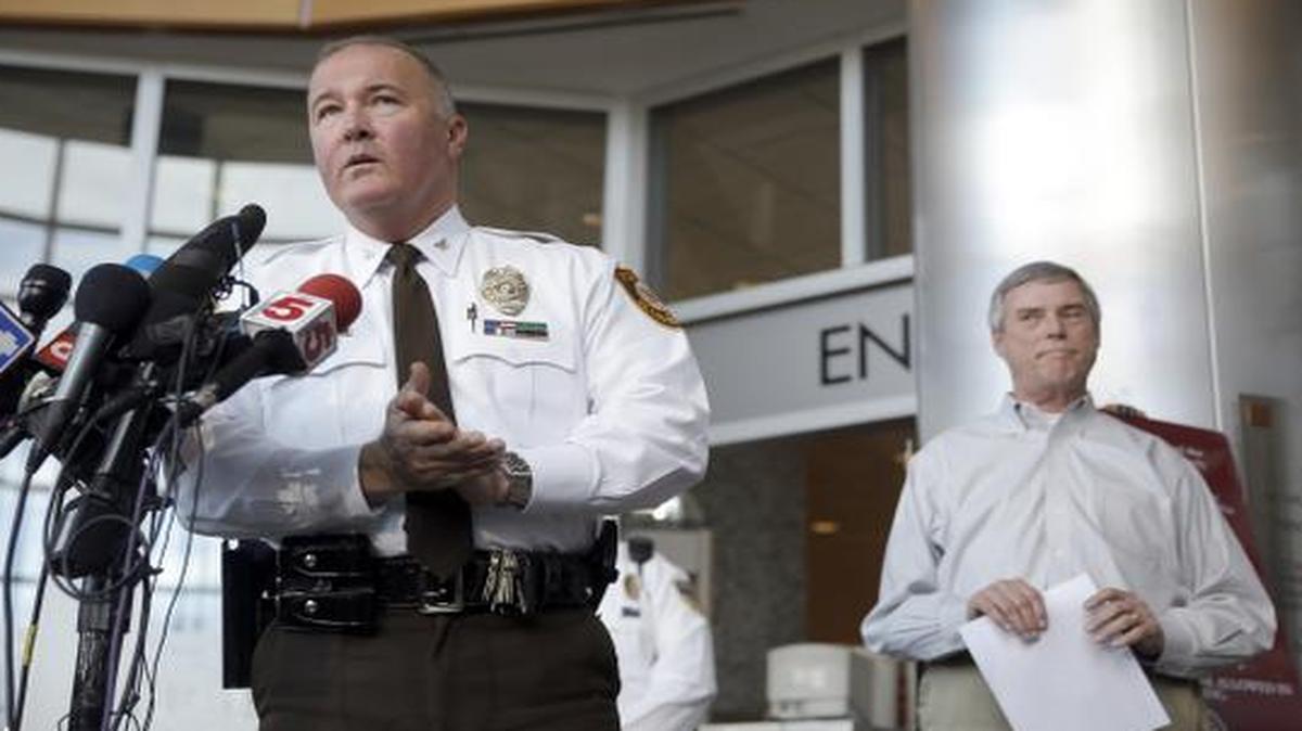 
St. Louis County Police Chief Jon Belmar, left, speaks during a news conference as St. Louis County Prosecutor Robert McCulloch listens Sunday, March 15, 2015, in Clayton, Mo.
