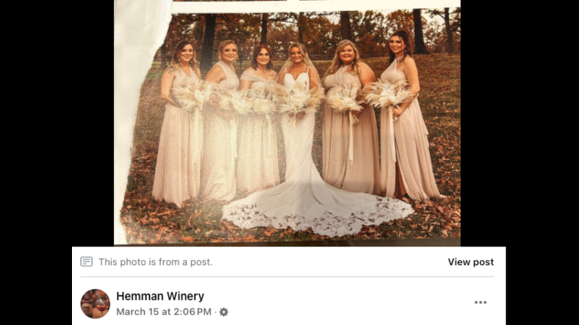 Pictures from Darby Russom’s wedding album traveled nearly 100 miles after a devastating Missouri storm.