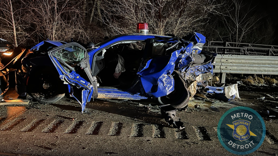 The patrol car slammed into the impaired driving suspect’s car when the teenage driver rammed the back, Michigan police said.