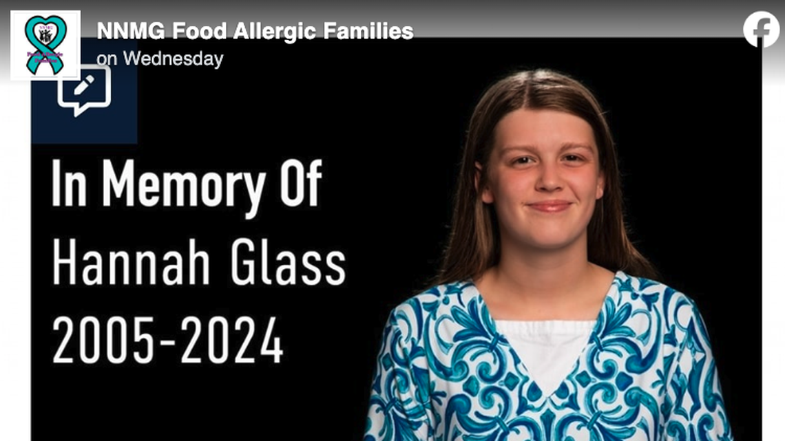 Hannah Glass died Nov. 10 after having an allergic reaction from peanuts, family said.