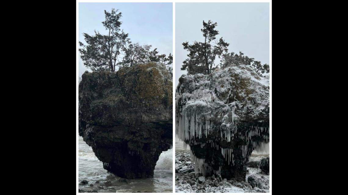 A unique weather phenomenon transformed a section of Lake Erie near Put-in-Bay, Ohio photos show.