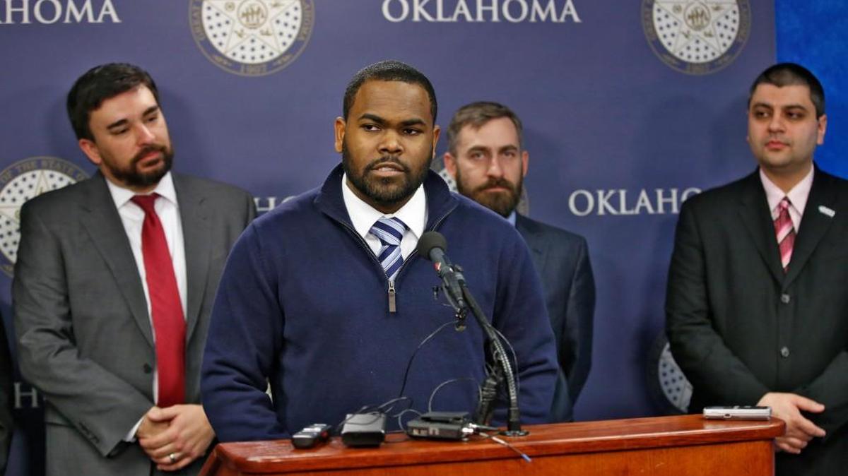 Raja’ee Fatihah speaks to members of the media at the state Capitol in Oklahoma City, Wednesday