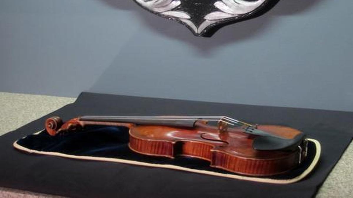 
A $5 million Stradivarius violin is displayed at the Milwaukee Police Department 
