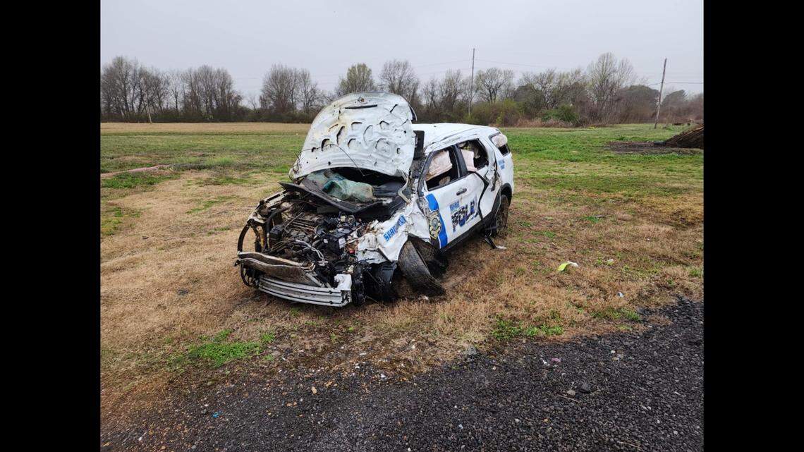 A view of the patrol vehicle after being removed from the wreckage.