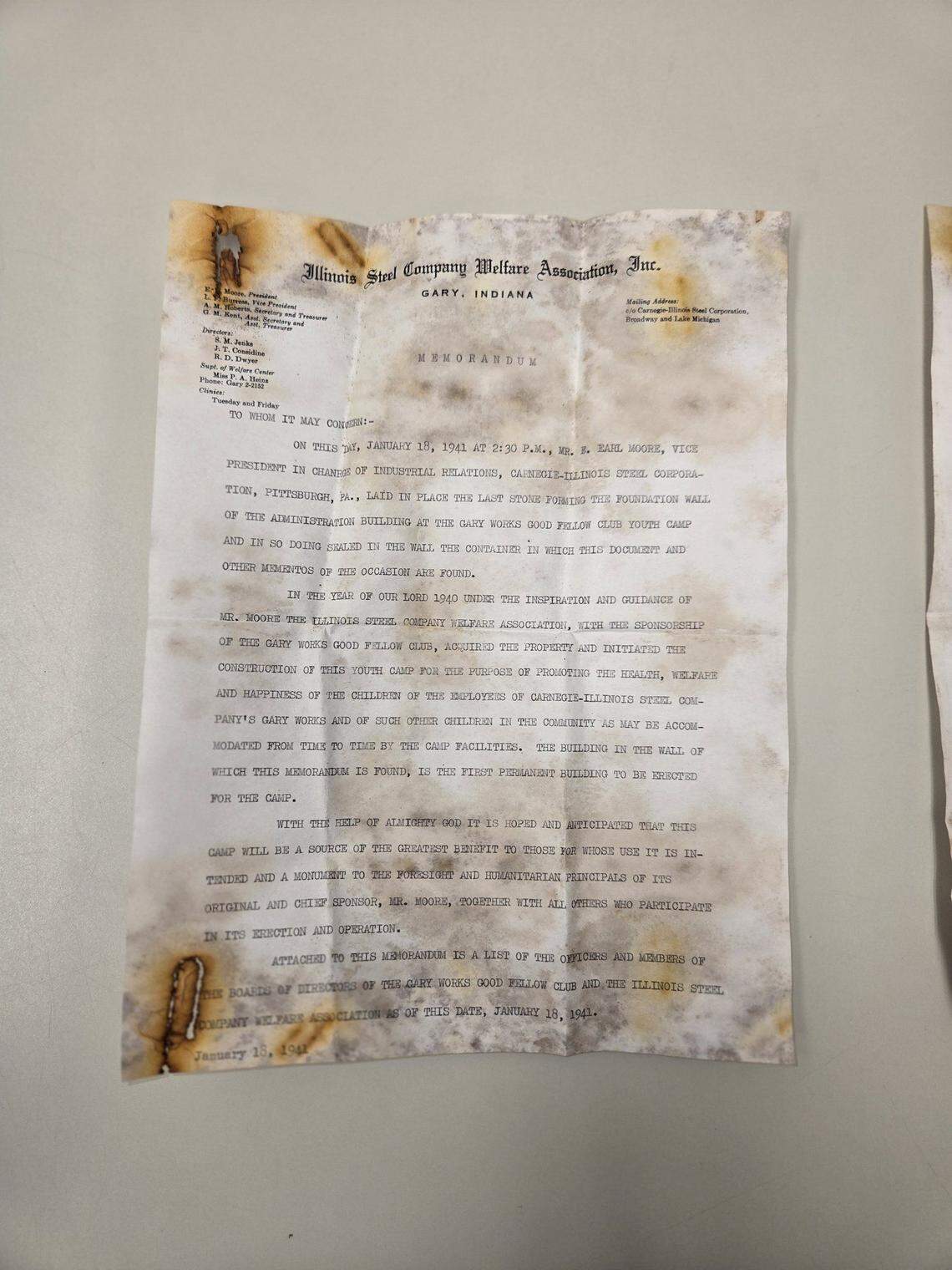 A note inside the time capsule talked about the completion of the Good Fellow Youth Camp in 1941.