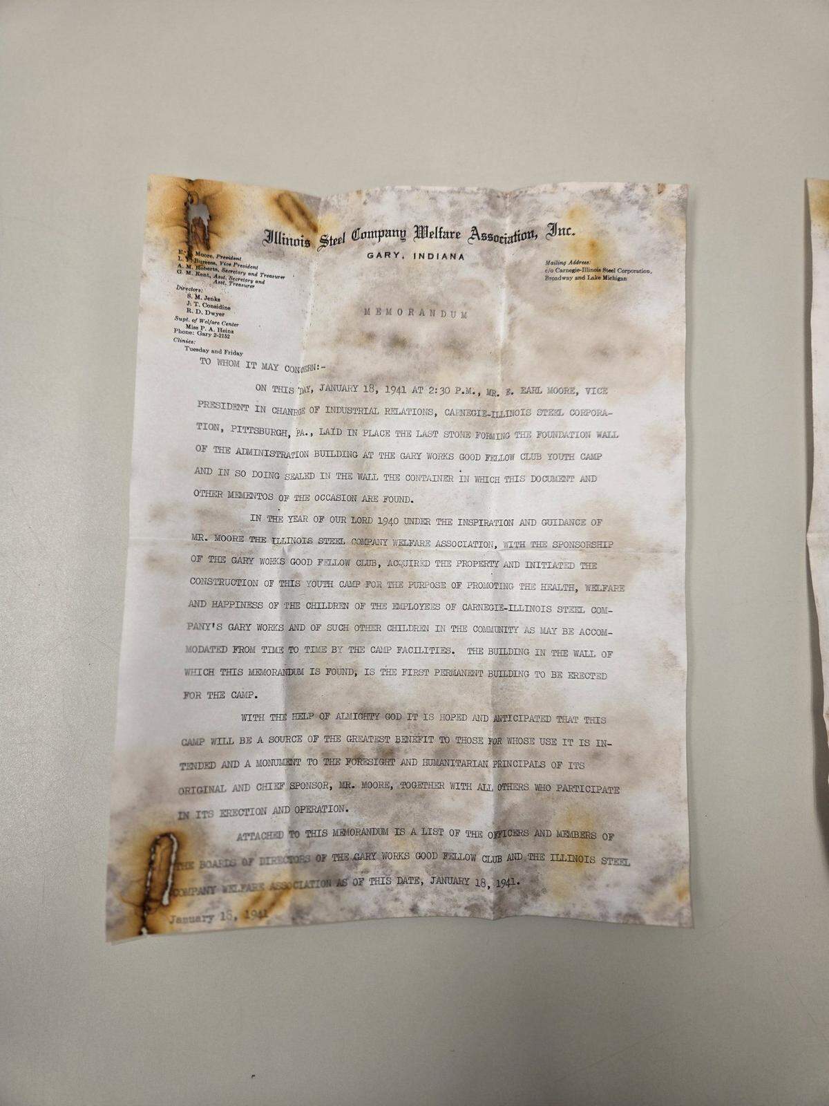 A note inside the time capsule talked about the completion of the Good Fellow Youth Camp in 1941.