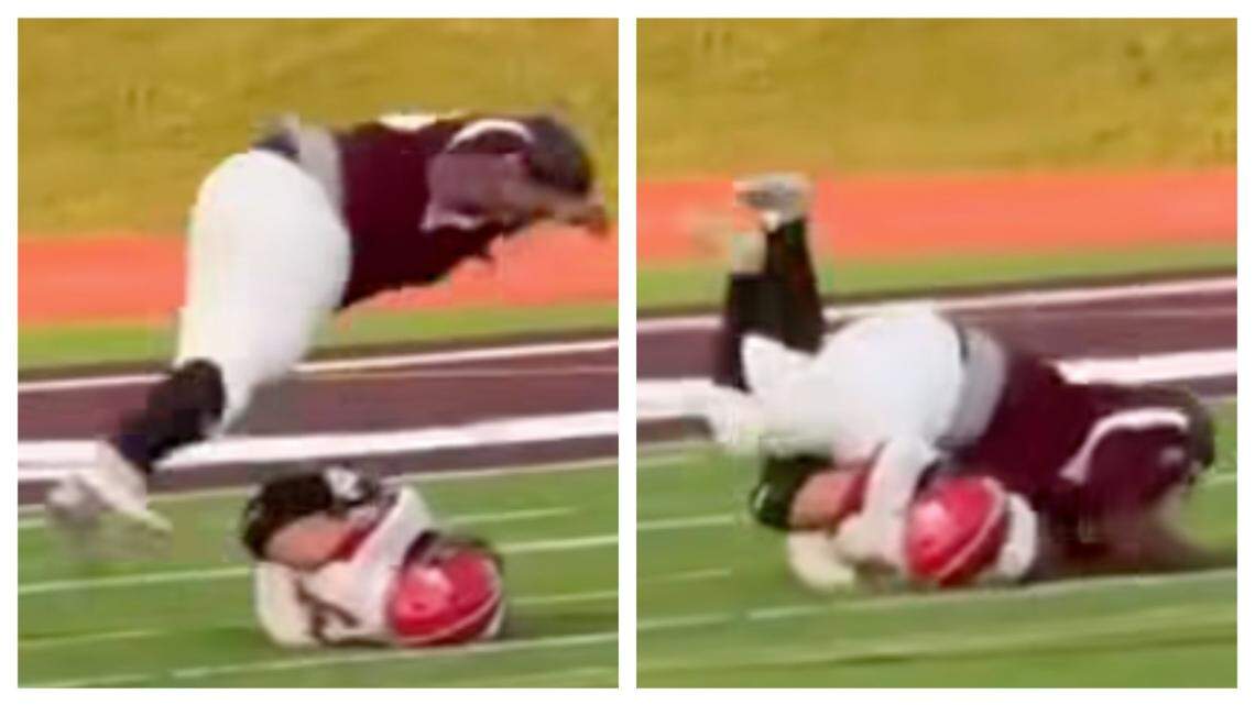 A JV football player for Kalamazoo Central High School was seen jumping on top of a defenseless player during a Michigan game.