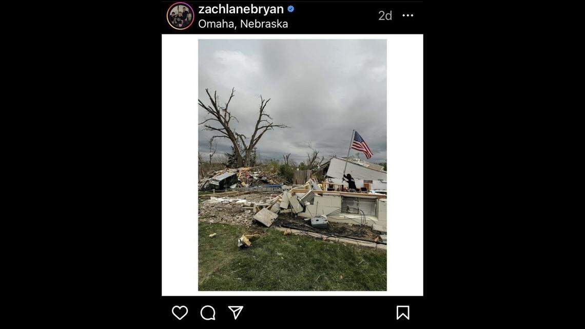 Country music star Zach Bryan posted a photo of the devastation from tornadoes that tore through suburban Omaha on his Instagram page and said he felt compelled to help the community where he’d lived for years. ​