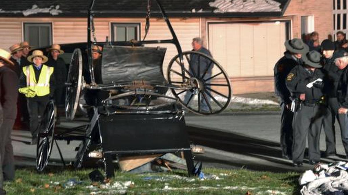 
State troopers work at the scene of a buggy crash near Colerain Township Thursday, Nov. 27, 2014, in Kirkwood, Pa.
