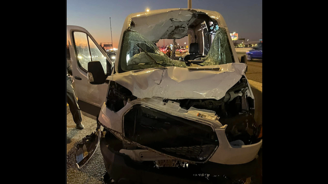 A loose tire went through a front windshield of a transit van and exited through the back doors, Oklahoma officials said.
