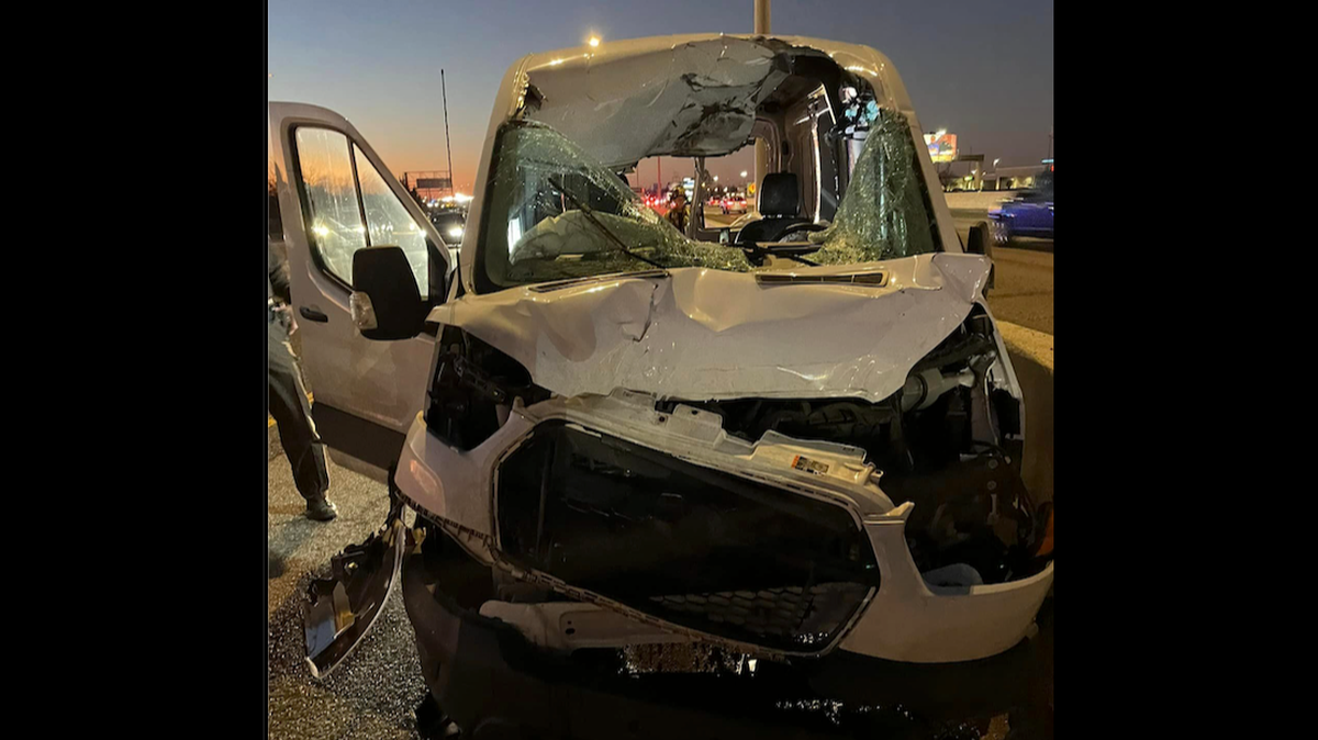 A loose tire went through a front windshield of a transit van and exited through the back doors, Oklahoma officials said.