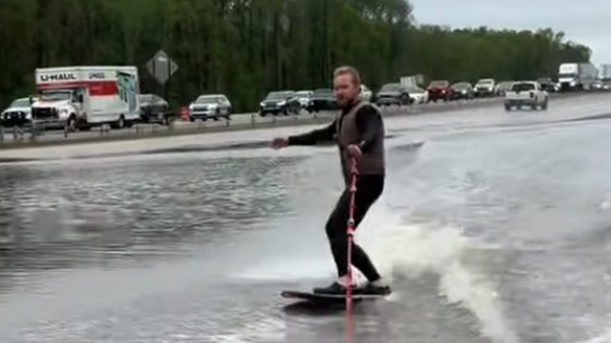 Blane Waggoner wakeboarded along a flooded Interstate 57 in Arkansas.
