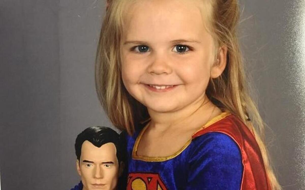 Kaylieann Steinbach, 3, became a viral star when her dad posted this photo of her, dressed like Supergirl on picture day at her California preschool, on Reddit.