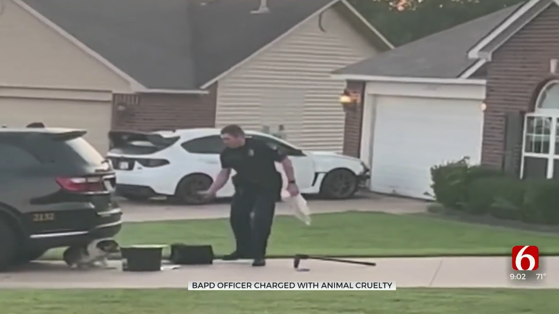 A police officer in Broken Arrow, Oklahoma, is accused of animal cruelty after video surfaced showing him pepper-spraying a dog, officials say.