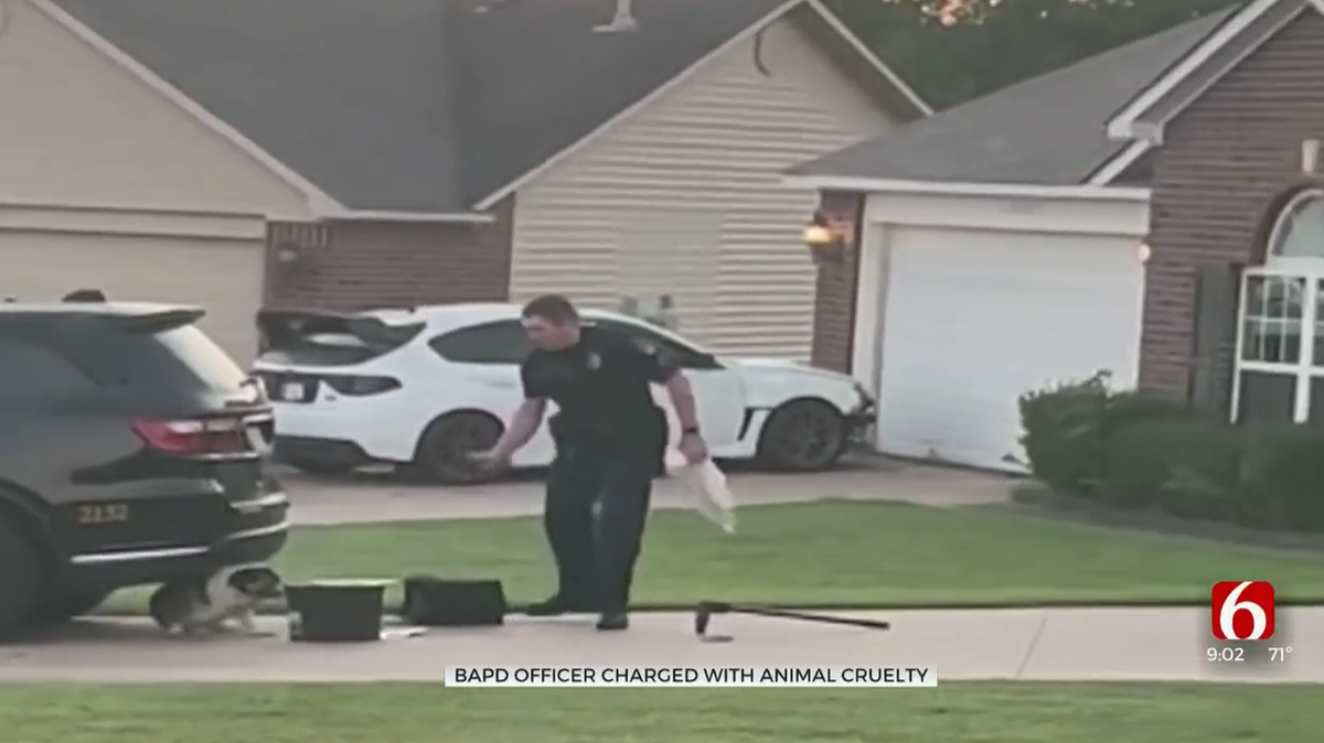 A police officer in Broken Arrow, Oklahoma, is accused of animal cruelty after video surfaced showing him pepper-spraying a dog, officials say.
