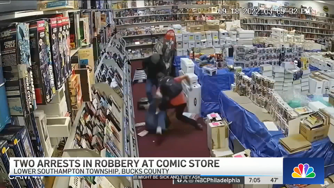 Two men have been arrested after officials say they robbed a comic book store and assaulted the owner.
