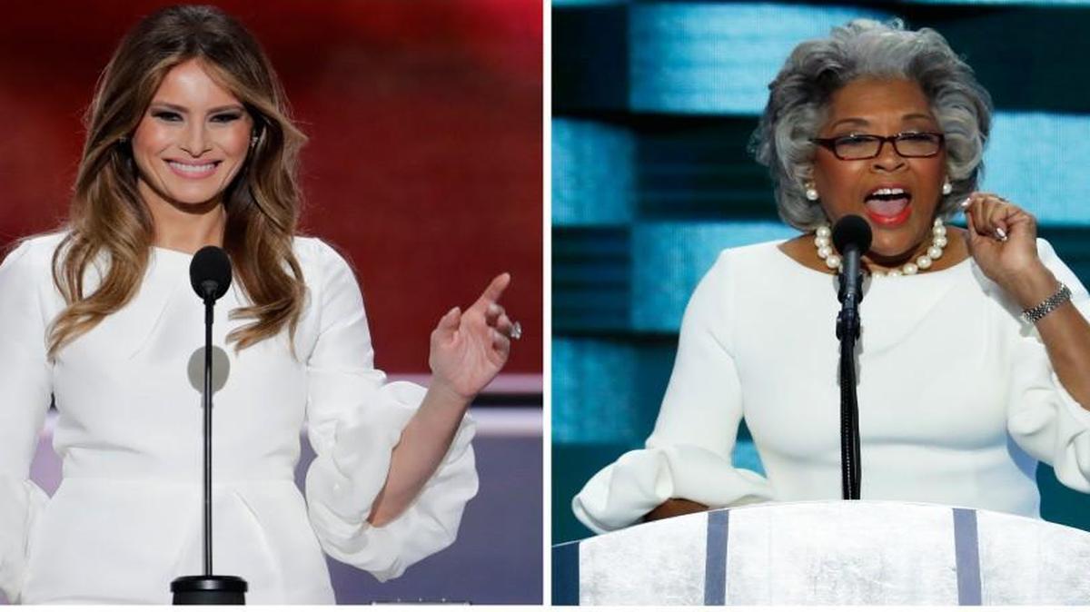 In this photo combo of 2016 file photos, Melania Trump, left, speaks at the Republican National Convention in Cleveland, and U.S. Rep. Joyce Beatty, right, speaks at the Democratic National Convention in Philadelphia. Beatty took the stage at the DNC on Thursday, July 28, in a dress that looked very similar to the one Trump wore during her remarks a week earlier at the RNC.