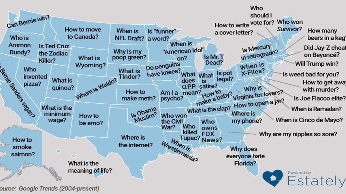 State-by-state, here are some of the weird, embarrassing questions we ask Google, as revealed by real estate company Estately.