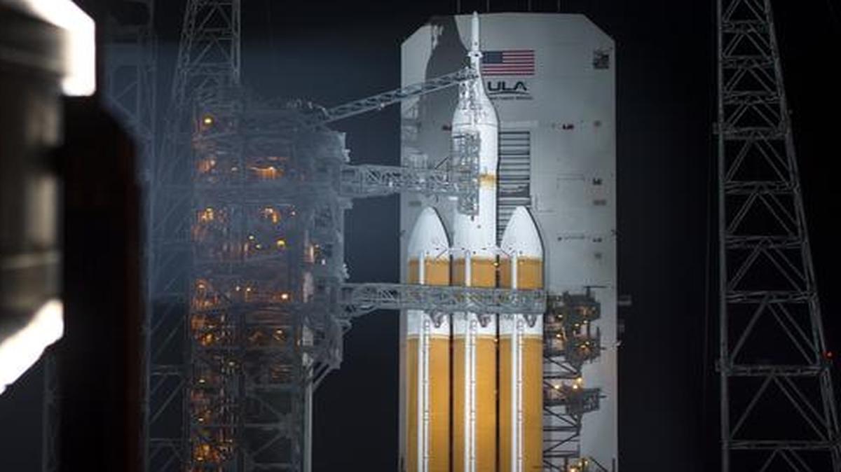 
A United Launch Alliance Delta IV Heavy rocket with NASA’s Orion spacecraft mounted atop
