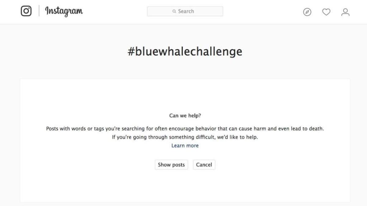 This message pops up when you search the hashtag #bluewhalechallenge on Instagram. The viral suicide “game” has caused concerns for some American school officials.