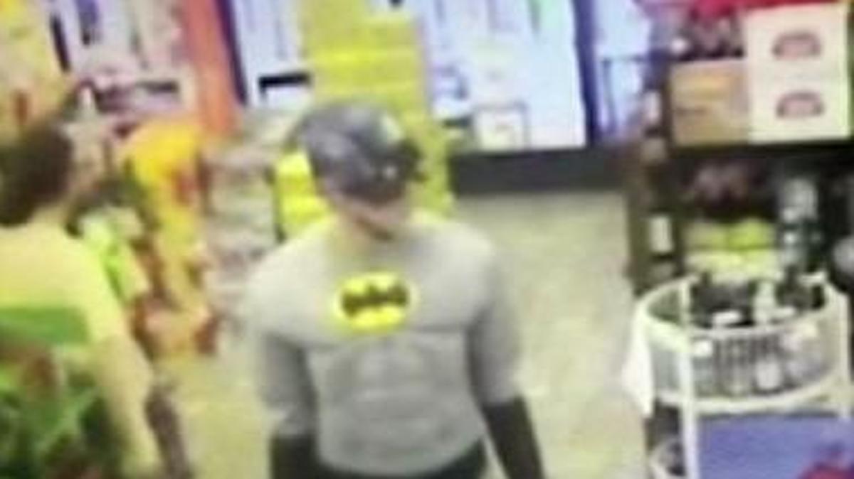 Police in Salamanca, N. Y., are looking for this man, who dressed in a Batman costume and wore a Captain America mask when he left the store with two 18-packs of beer without paying first.