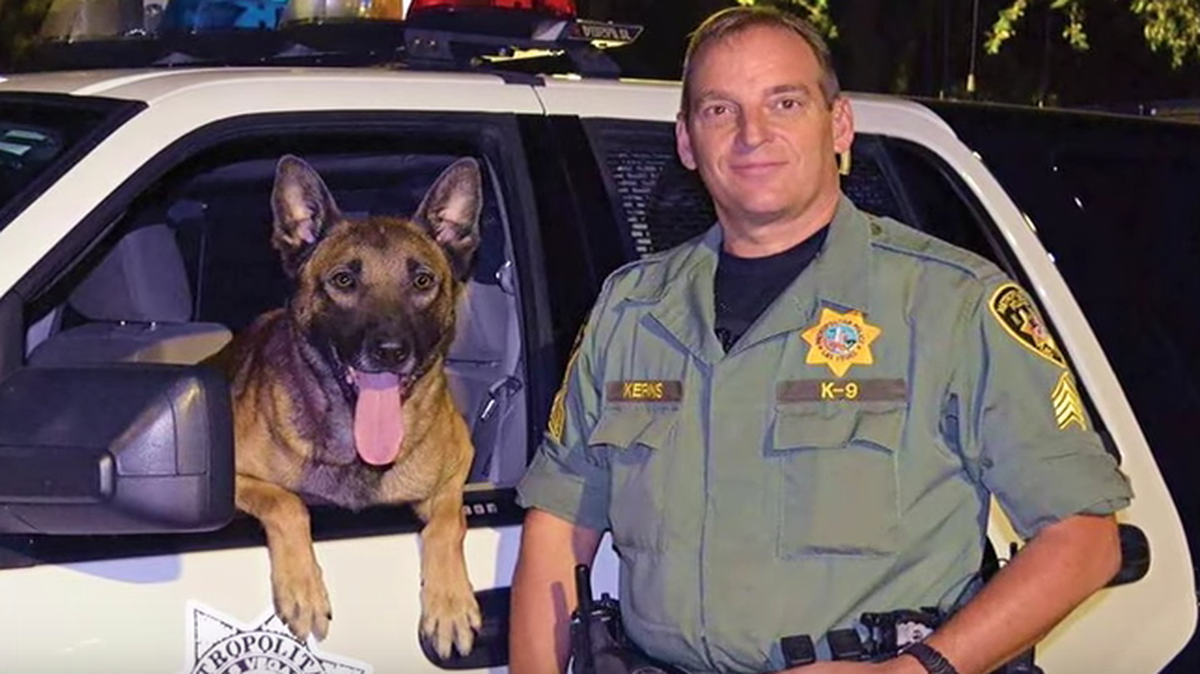Nicky the K9 police dog had a hero’s send-off earlier this month. Here he is with his human partner, Sgt. Eric Kerns.