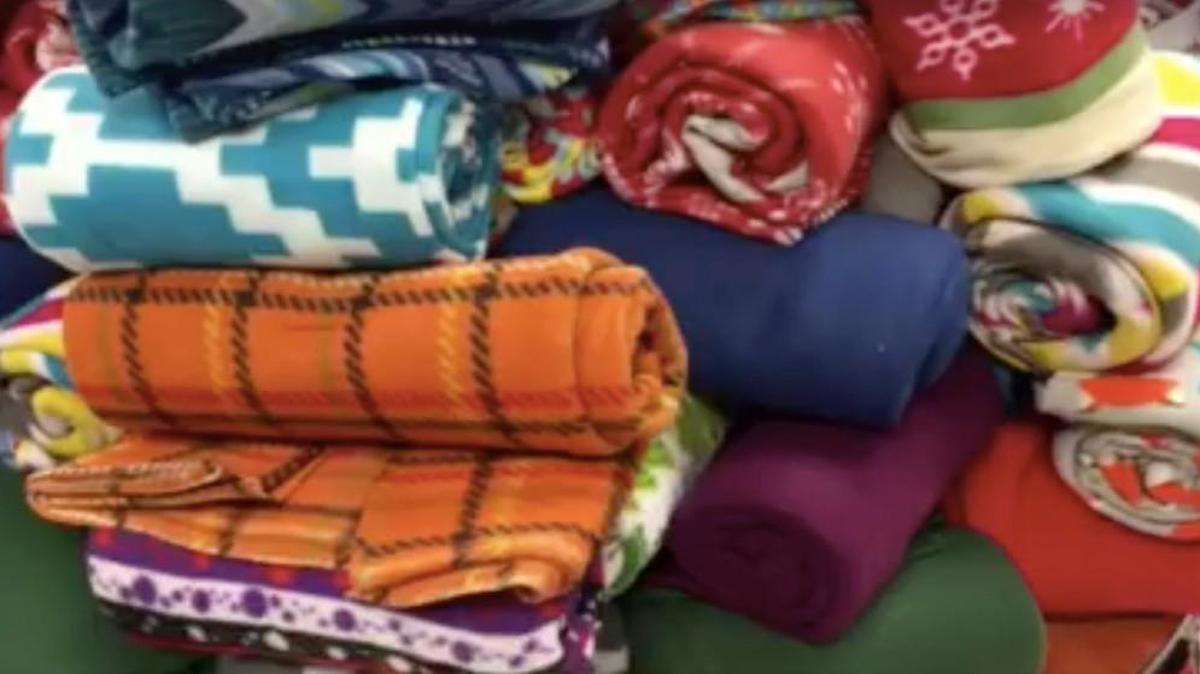 Some of the 1,800 blankets that friends and strangers donated to students at one grade school in Oklahoma City this month.