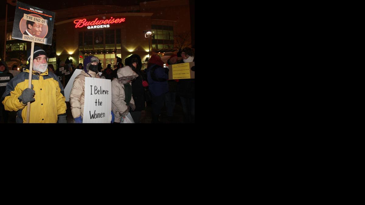 
Demonstrators gather to protest comedian Bill Cosby's second performance in Canada at the Budweiser Gardens, Thursday
