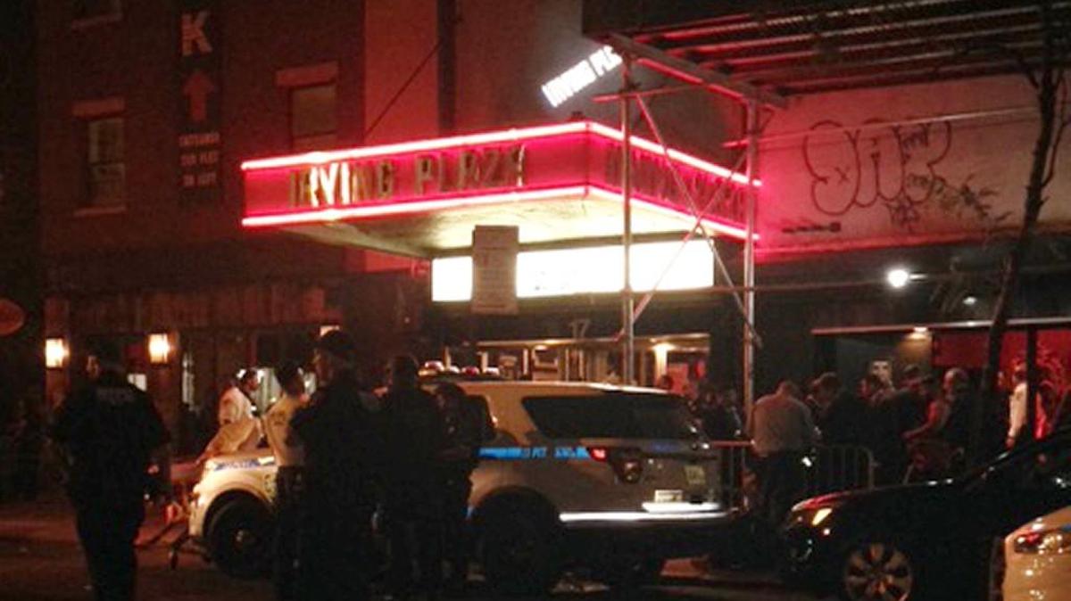 Authorities stand outside Irving Plaza, near Manhattan's Union Square in New York after a shooting Wednesday.