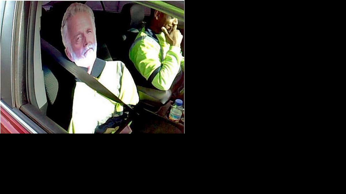 
Washington State Patrol Trooper Tony Brock’s photo of the cardboard cutout of the “The Most Interesting Man In The World” strapped to the passenger seat of a driver who tried to use the image to qualify to drive the carpool lane.

