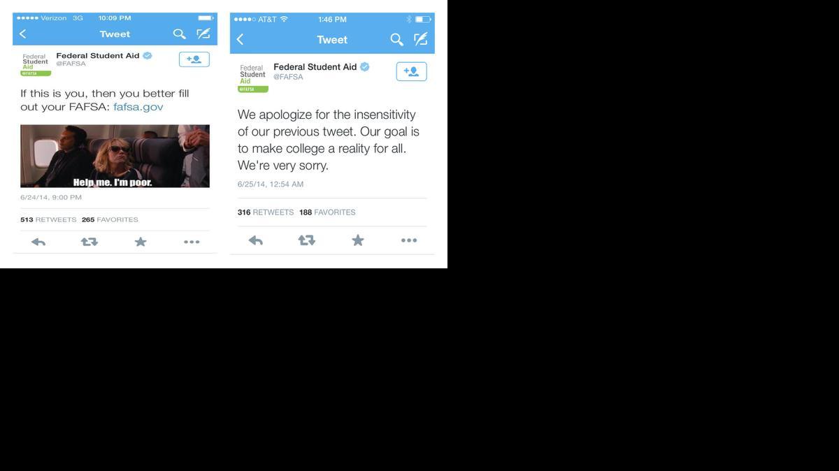 
These frame grabs from a phone show two tweets from the Education Department. The Education Department on Wednesday apologized for a tweet that depicted a scene from the movie “Bridesmaids” with the words “Help me. I’m poor” imprinted on it as part of an effort to get students to apply for federal aid, left. 
