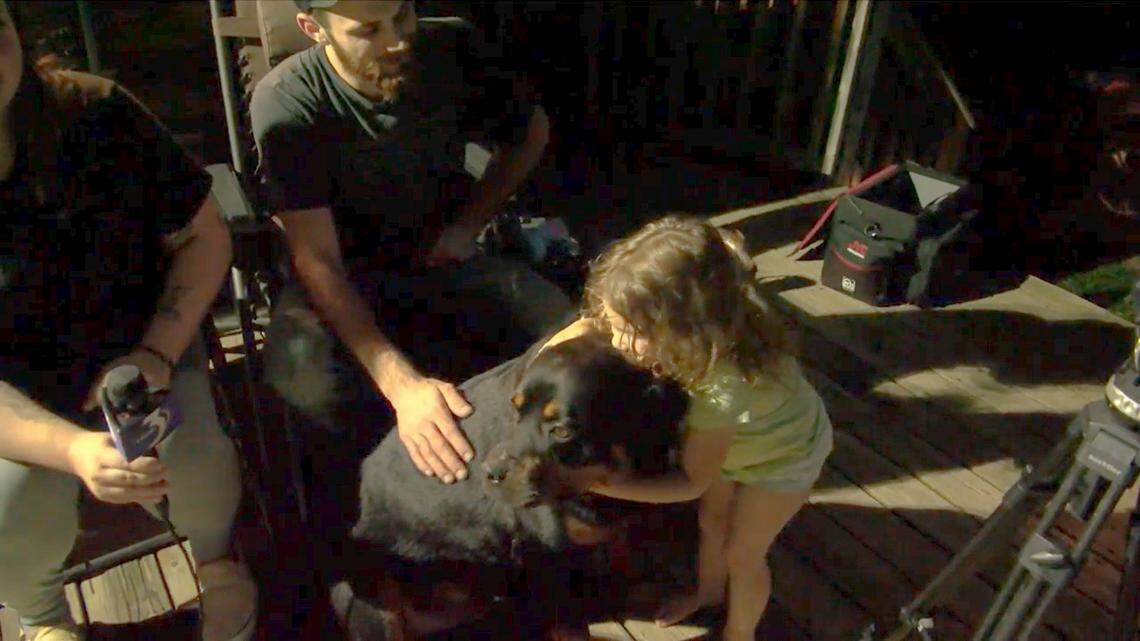 After an hours-long search, 2-year-old Thea was found with the two family dogs after they wandered off from their home.