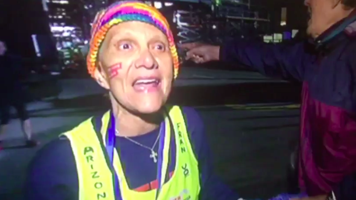 Fran Drozdz, 72, crossed the finish line at the Boston Marathon on Monday long after everyone else had gone home.