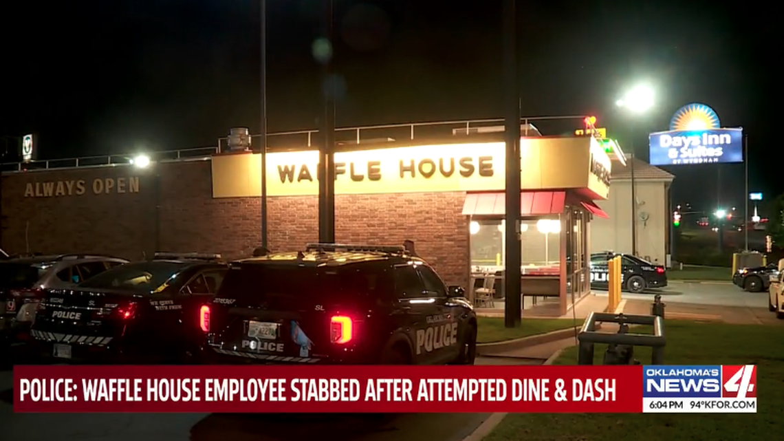 A Waffle House employee was stabbed after corning customers accused of not paying their bill, authorities say.