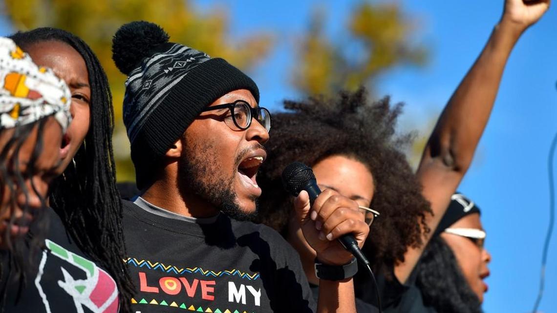 Jonathan Butler, who had been on a hunger strike, spoke for Concerned Student 1950 at a news conference Monday in Columbia after MU system president Tim Wolfe had resigned.