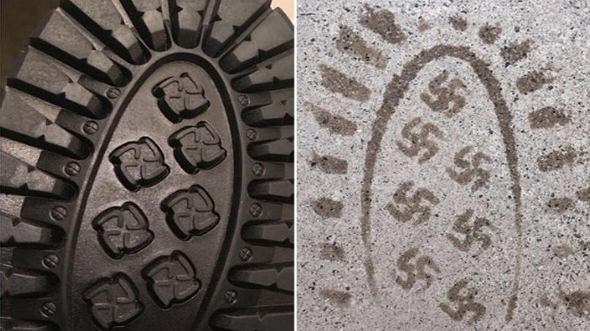 A Reddit user noticed that his new boots left swastika-shaped footprints.