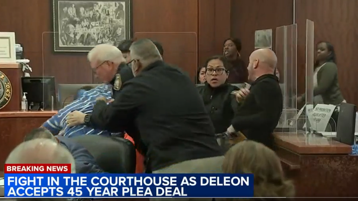 A courtroom brawl was caught on camera when family members charged after the man convicted of killing his 16-year-old girlfriend.