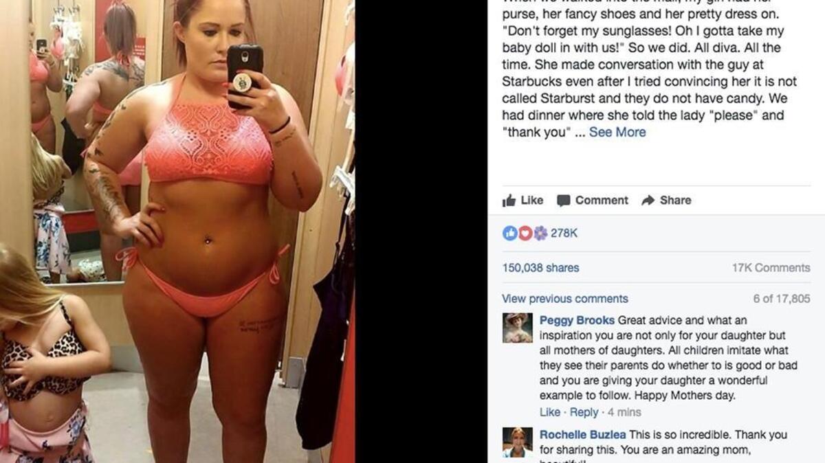 Brittney Johnson’s experience while trying on bathing suits at Target this week has hit home with hundreds of other moms on Facebook.