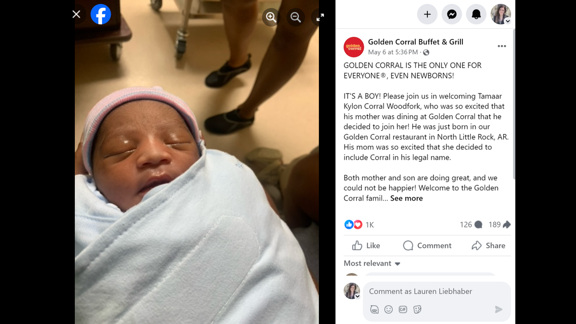 The restaurant announced the birth of Tamaar Kylon Corral Woodfork on social media on May 6, calling him their “youngest fan.”