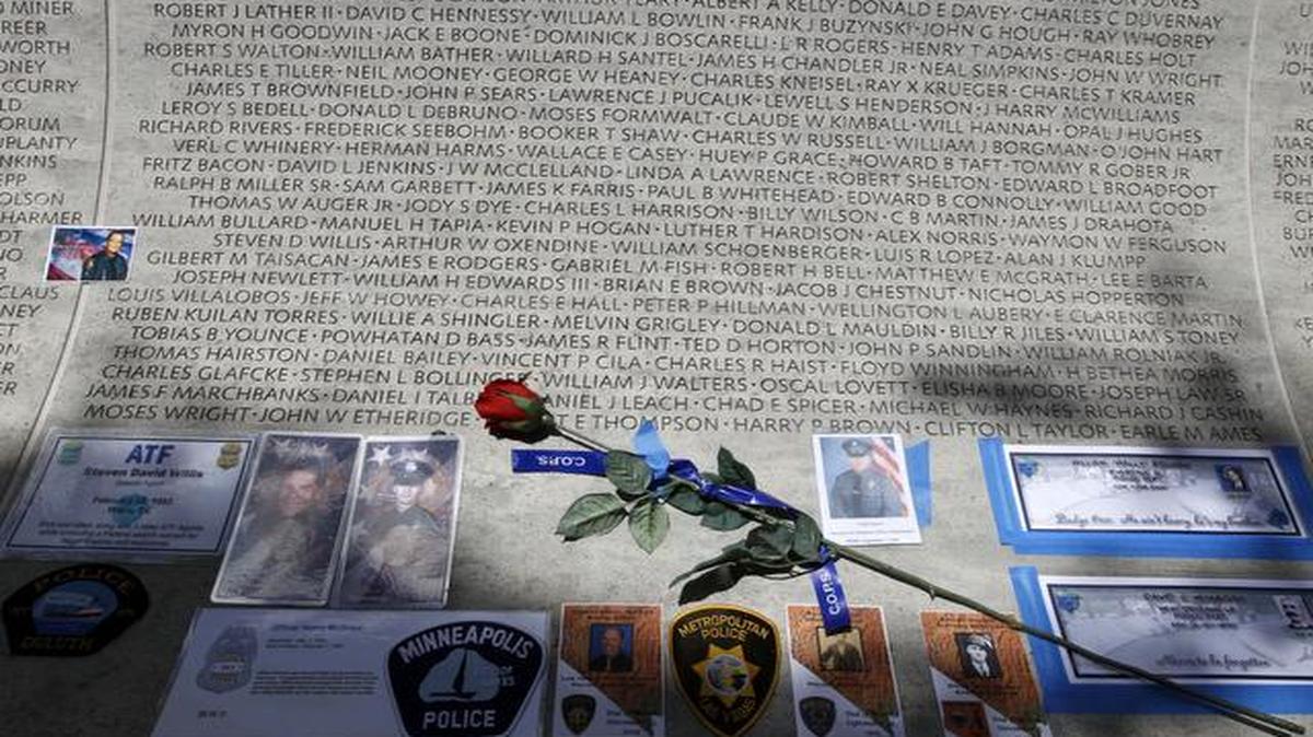 
The wall with the names of fallen police officers at the National Law Enforcement Officers Memorial in Washington, D.C.
