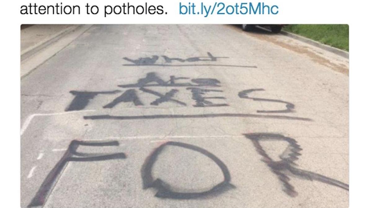Someone spray-painted a phallic symbol on a neighborhood street in Placeville, Calif. to protest the potholes.