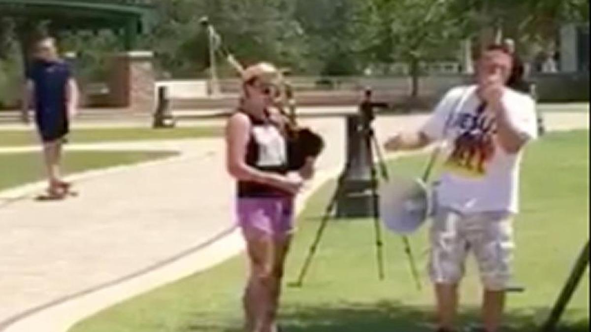 Brice Ehmig, a senior at Florida Gulf Coast University, played bagpipes to drown out the anti-gay sentiments of a “preacher” on campus.