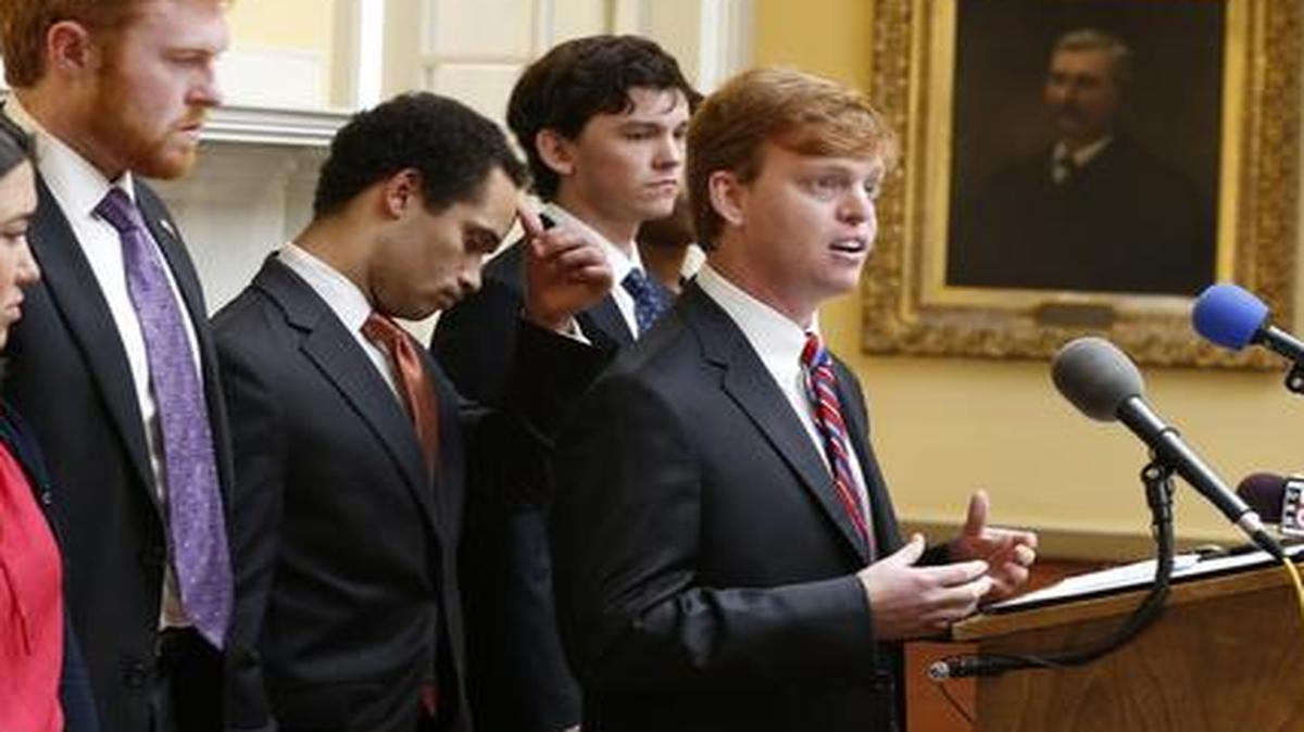 
Tommy Reid, right, the president of the University of Virginia’s Inter-Fraternity Council says that a female student’s account of being sexually assaulted by seven men at a fraternity made him “sick to my stomach.” 
