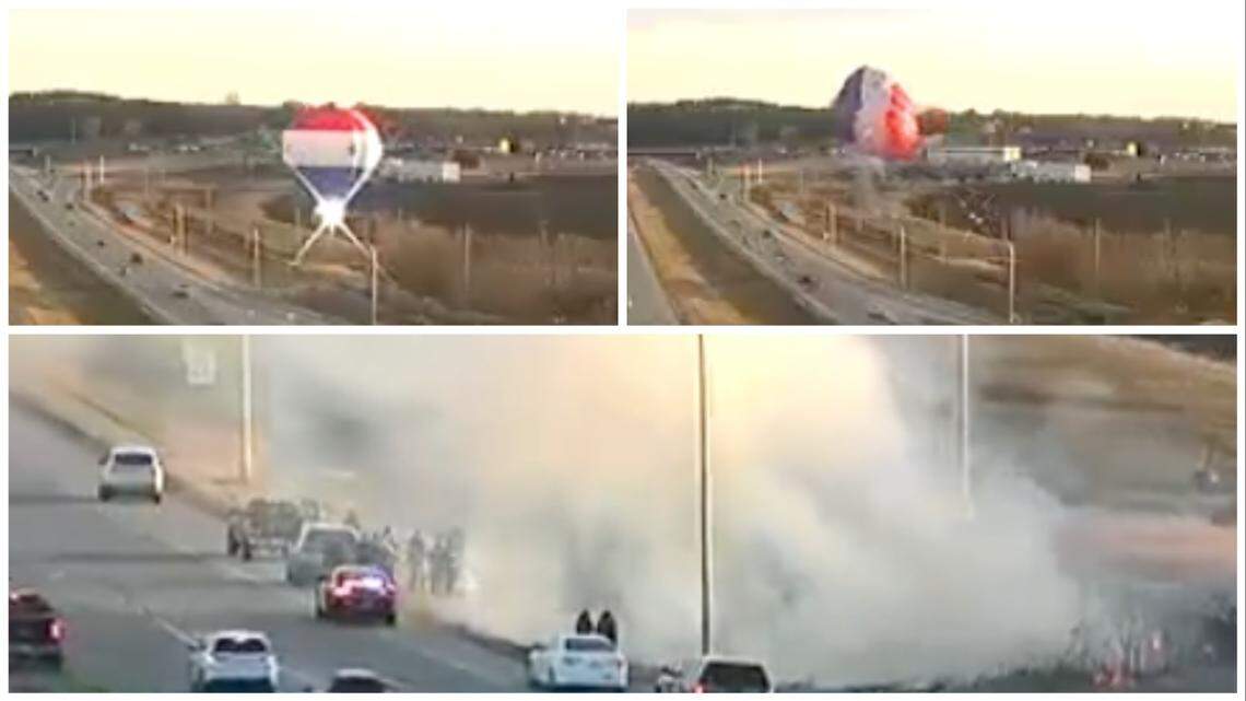 A hot air balloon crashed into an electrical line, and the basket detached from the balloon as it crashed along the highway.