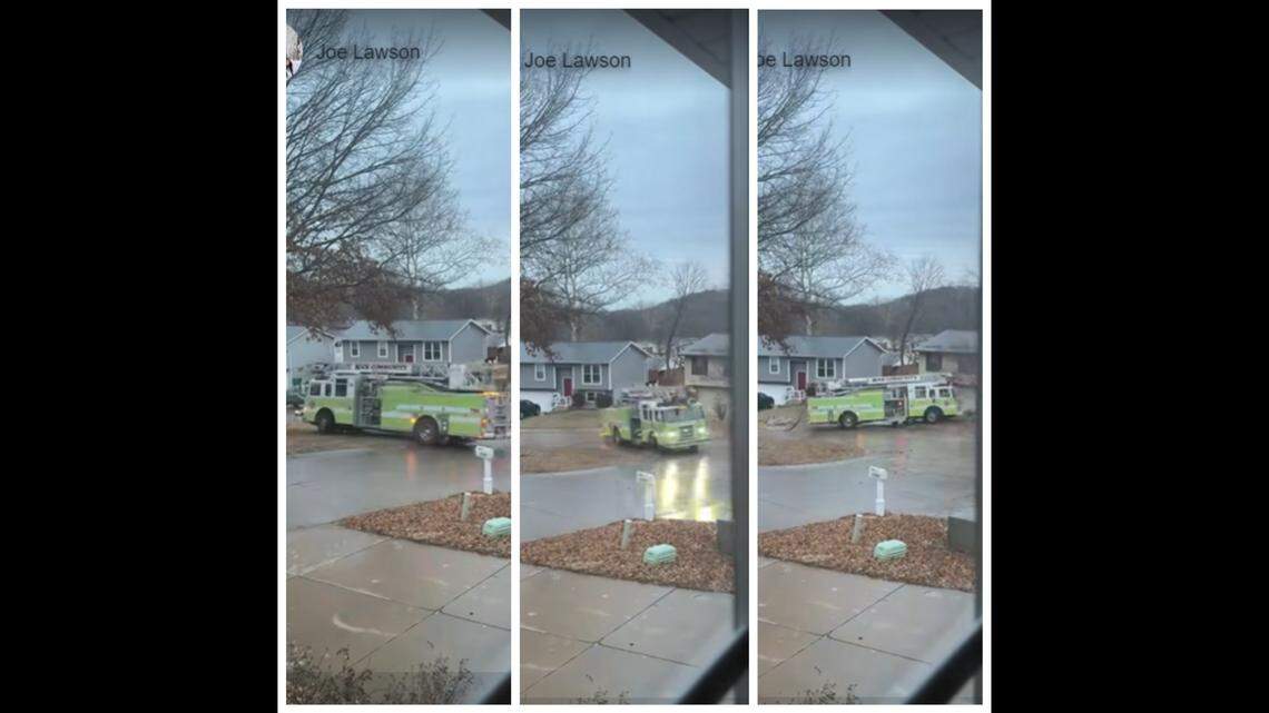 A fire truck spun out of control on an icy road in suburban St. Louis, Missouri, video shows.